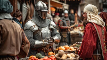 Knight in medieval market, interacting with villagers, showcasing daily life