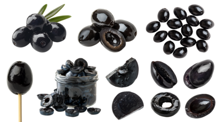 Black olive olives fruit vegetable, many angles and view side top front jar pile slice isolated on transparent background cutout, PNG file. Mockup template for artwork graphic design