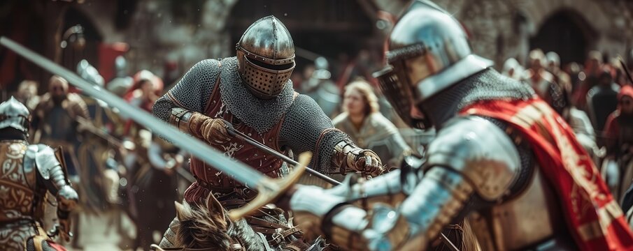 Knight in the middle of a medieval tournament, jousting against another knight