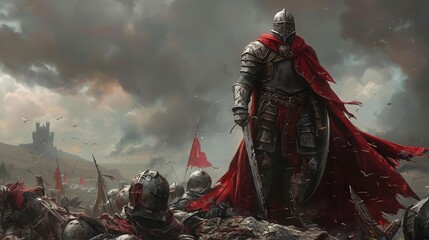 Knight with battle scars, standing triumphantly on a pile of defeated enemies