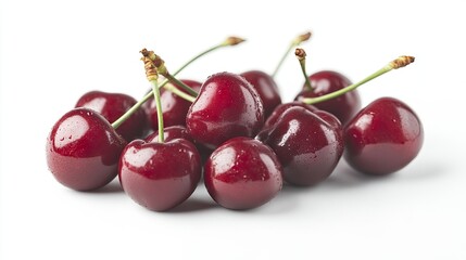 A bunch of fresh cherries, isolated on white, captured with full depth of field to showcase the rich red color and glossy texture.