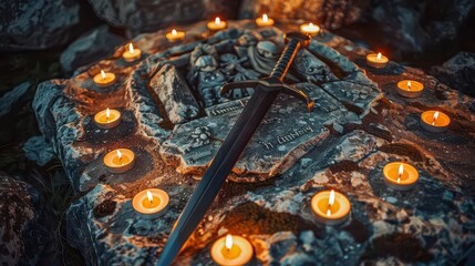 Knights tomb with a medieval sword lying on top, surrounded by candles