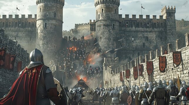 Knights breaching castle walls, intense melee combat