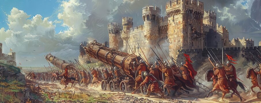 Knights pushing a battering ram on wheels, storming a castle