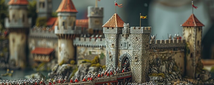 Knights storming castle drawbridge, moat filled with obstacles