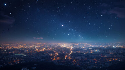 This image captures a beautifully lit cityscape under a calm night sky filled with stars, showcasing the harmony between urban life and the serenity of the night.