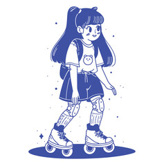 Cheerful cartoon girl on roller skates, simple line art.
