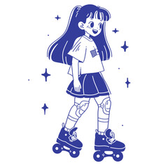 Cheerful cartoon girl on roller skates, simple line art.
