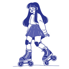 Cheerful cartoon girl on roller skates, simple line art.
