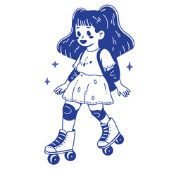 Cheerful cartoon girl on roller skates, simple line art.
