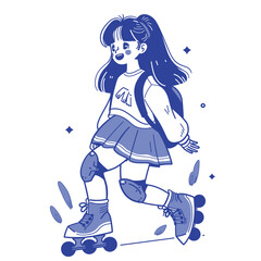 Cheerful cartoon girl on roller skates, simple line art.
