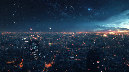 A breathtaking image showcasing a bustling cityscape illuminating the night with countless bright lights, under a serene and starry sky with shooting stars and celestial beauty.