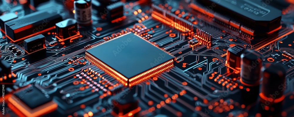Poster close-up of a circuit board showcasing intricate electronic components with a vibrant glow, ideal fo