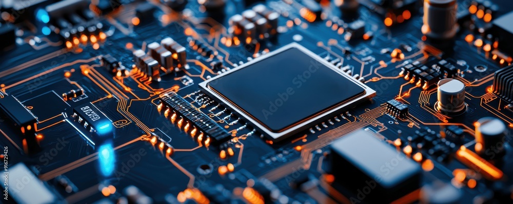 Poster close-up of a circuit board with a prominent microchip, showcasing intricate electronic components a