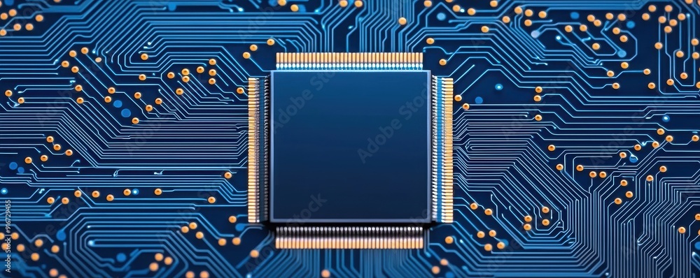 Poster close-up of a microchip on a blue circuit board, showcasing intricate connections and electronic com