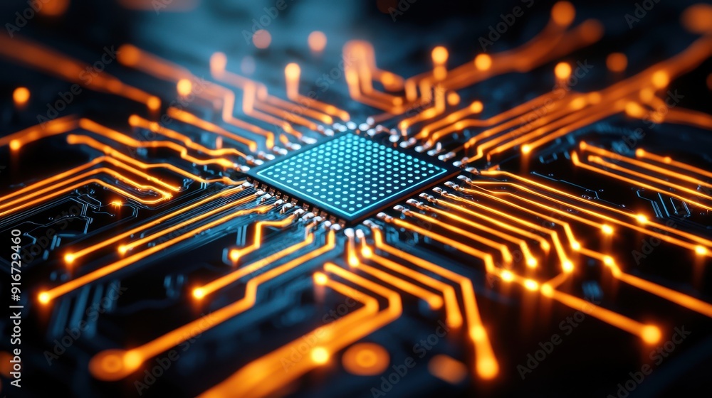 Poster close-up of a futuristic circuit board with glowing orange lines and a central processor, showcasing