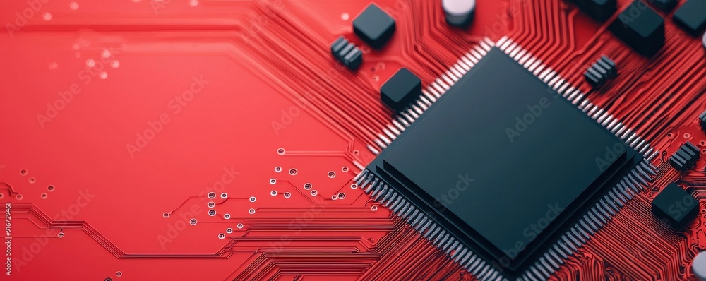 Poster close-up of a microchip on a vibrant red circuit board, showcasing intricate electronic components a