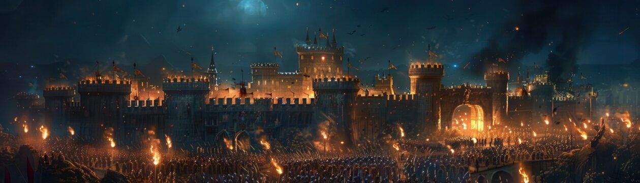 Nighttime castle siege, torches illuminating the battleground