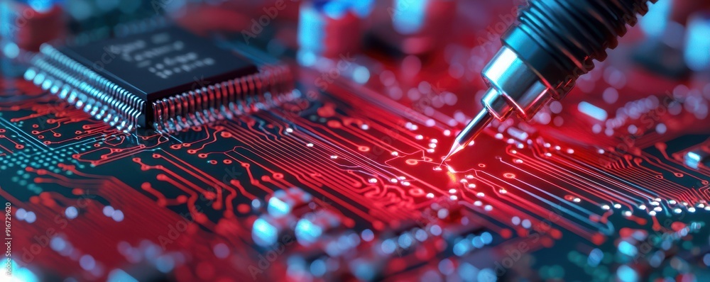 Poster detailed close-up of a circuit board with a tool applying precision, highlighting technology and ele
