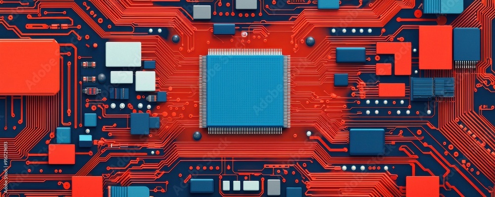 Poster vibrant close-up of a circuit board showcasing intricate paths and components in striking red and bl
