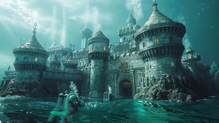 Siege of an underwater castle, knights in diving suits
