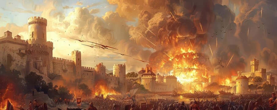 Siege with giant crossbows launching at castle, devastating impact - Powered by Adobe