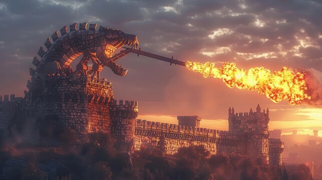 Trebuchet launching a flaming projectile at a castle wall, twilight setting