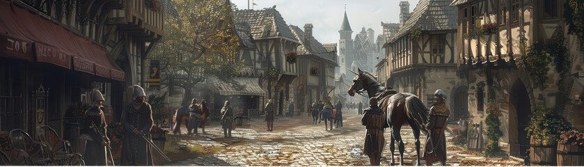 Warhorse in a medieval city, amidst cobblestone streets and old buildings