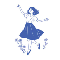 Joyful dancing girl in simple line art.

