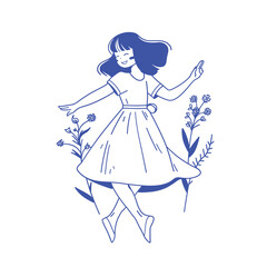 Joyful dancing girl in simple line art.
