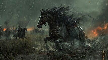 Warhorse with flowing mane, charging through a rainsoaked battlefield