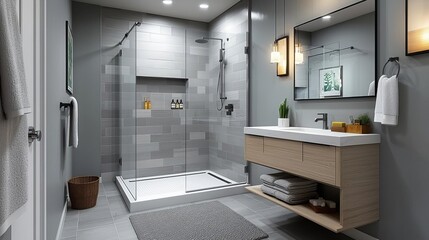 Modern bathroom with walk-in shower, floating vanity, and sleek fixtures, Bathroom renovation ideas, Spa-like retreat