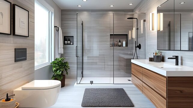 Modern bathroom with walk-in shower, floating vanity, and sleek fixtures, Bathroom renovation ideas, Spa-like retreat