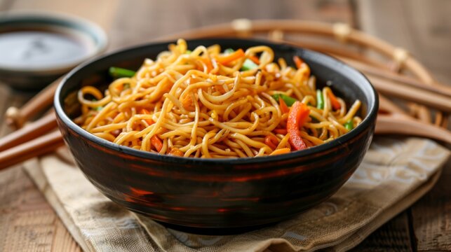 Schezwan Noodles or vegetable Hakka Noodles or chow mein is a popular Indo&nbsp;-&nbsp;Chinese recipes,&nbsp;served in a bowl or plate with wooden chopsticks.&nbsp;selective focus