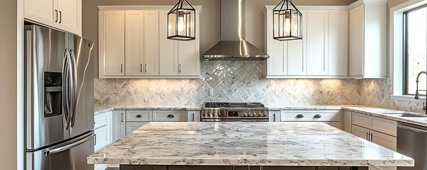 Stylish kitchen with marble countertops, stainless steel appliances, and pendant lights, Kitchen remodeling inspiration, Luxe cooking space