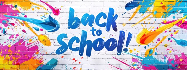 Colorful paint splashes on white brick wall background with text back to school concept of the first day at school or education.