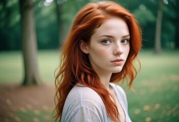 Obraz premium portrait of beautiful young woman with red hair, ai