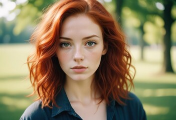 Fototapeta premium portrait of beautiful young woman with red hair, ai