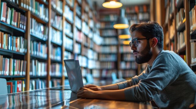Student in online exams, interactive distance learning, comprehensive virtual library resources