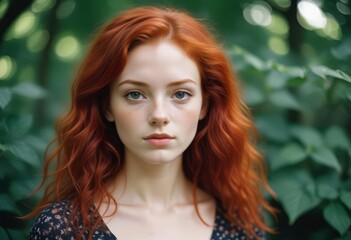 Fototapeta premium portrait of beautiful young woman with red hair, ai