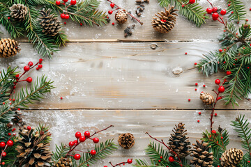 Christmas background with fir branches, pine cones and winter berries in the frame on rustic wooden planks. Top view