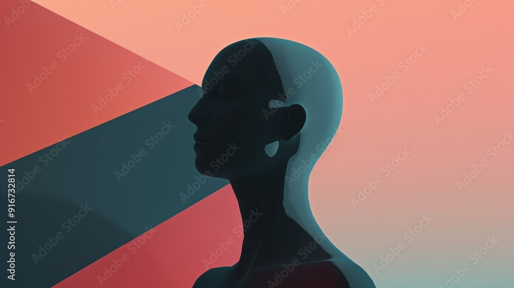 Poster Silhouette profile against colored background. A 3D rendered profile of a human head with no features set against a background of abstract color.