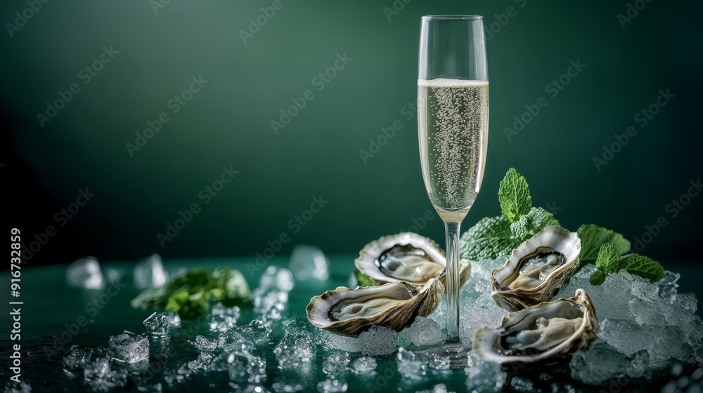 Wall mural glass of champagne and oysters on ice with mint leaves on a green background. celebration, anniversa