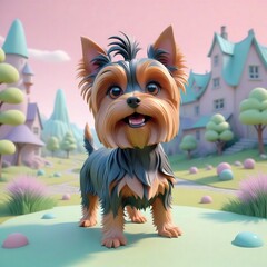 Cute Cartoon Yorkshire Terrier Dog Standing in a Fantasy Setting.