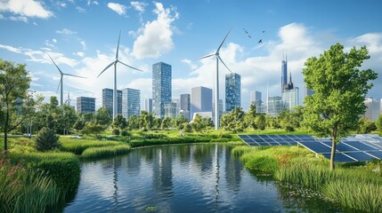 Obraz premium A futuristic concept of a city powered entirely by renewable energy, with wind turbines, solar panels and green spaces integrated throughout the city.