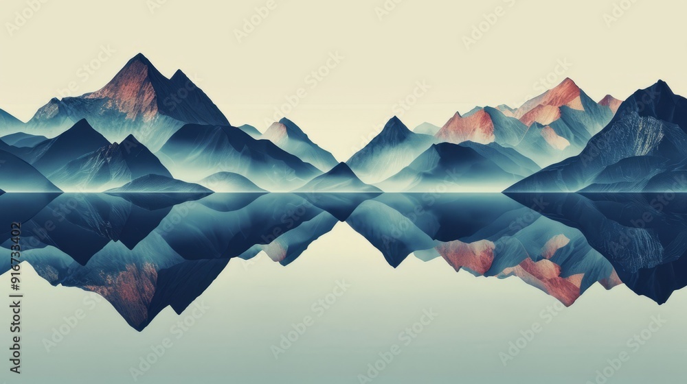 Poster mountain reflection in still water. a picturesque view of a mountain range reflected in a calm lake,