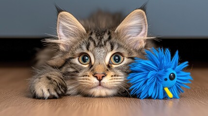 Obraz premium Point Color Kitten Playing With A Blue Mouse Toy