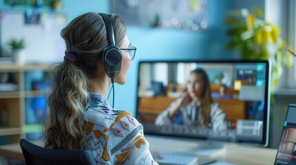 Teacher managing digital classroom, interactive elearning software, following virtual school routine