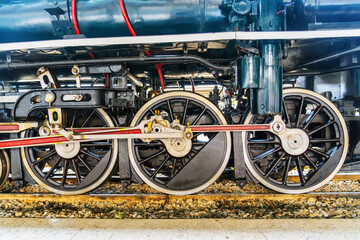 Wheels of an old retro steam train locomotive