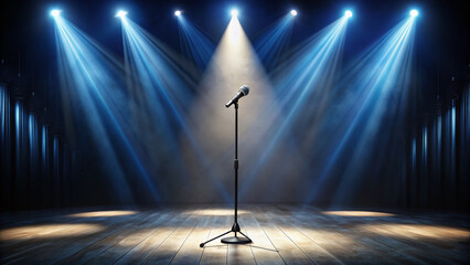 Spotlights shine brightly on a sleek, modern stage, where a solitary microphone stands poised, awaiting the performer who will bring the crowd to their feet.